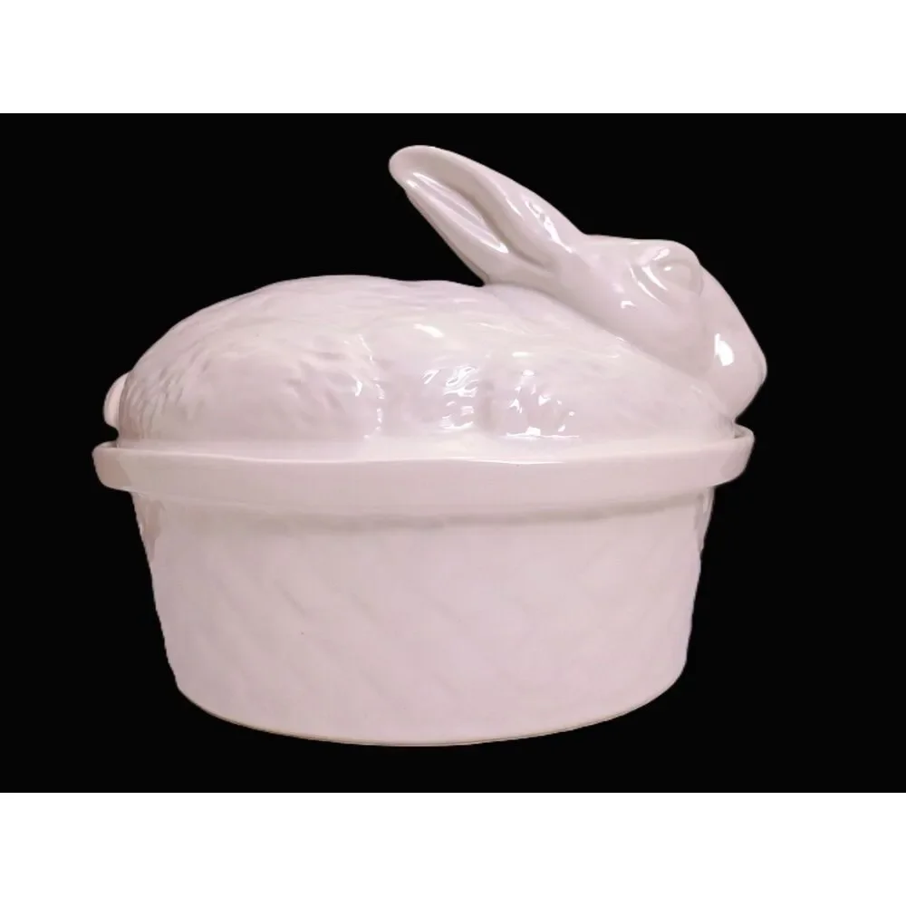 1950s California USA Pottery White Rabbit Vintage Easter Covered Casserole Dish